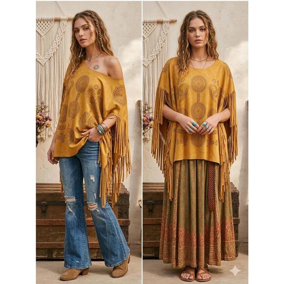 Step in style Jackets & Blazers - Step in Style Bohemian Mustard Faux Suede Fringe Poncho OSFM